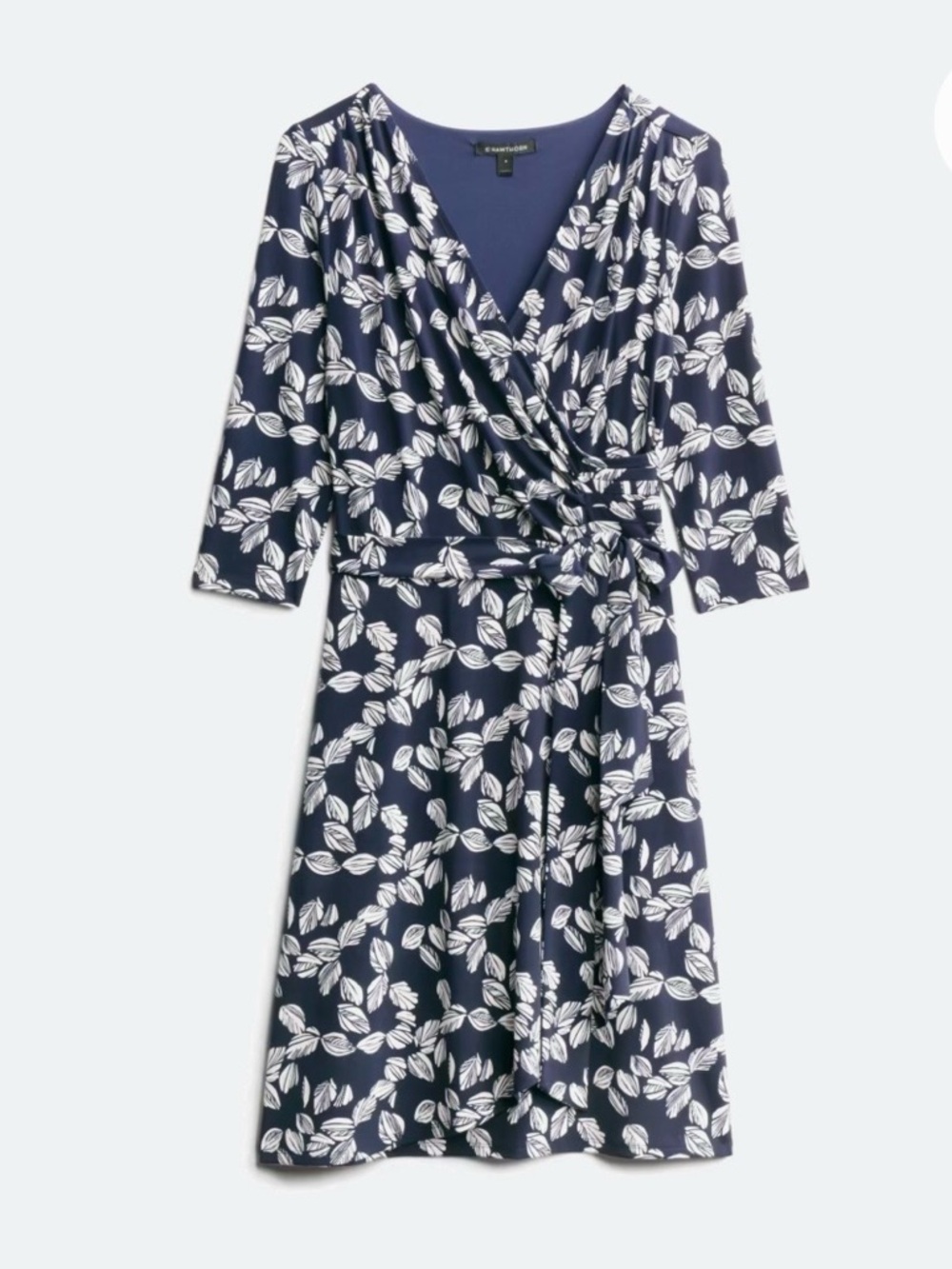Navy Leaf Wrap Dress with Tie Waist